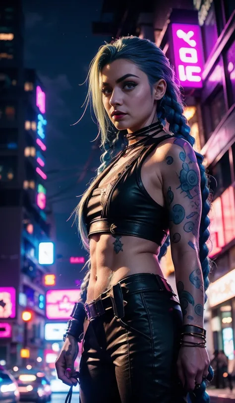 jinx from arcane, walking down the street in the evening, cyberpunk woman anime woman, pants, beautiful angry cyberpunk goddess,...