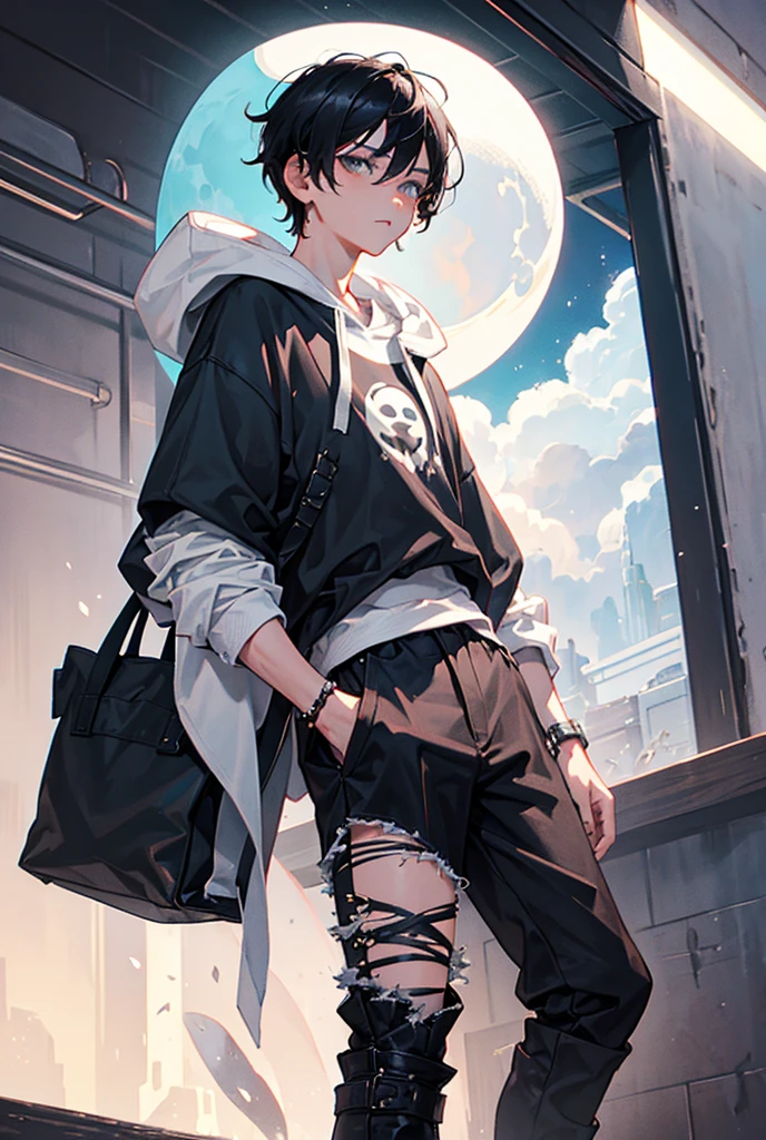 1 king, Short black hair without bangs, eye white, ghost print sweatshirt, ripped black pants, bag across the shoulder, wearing black boots, Accessories. Moons, stele, café. Brown palettes, black and gray.