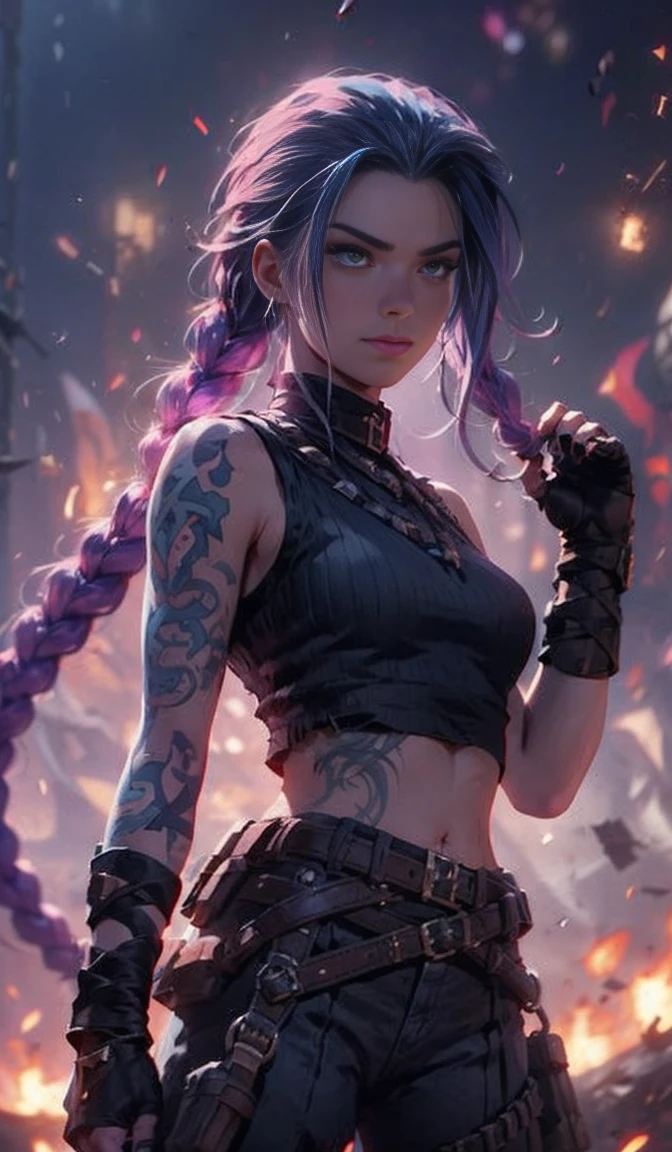 Jinx's character design, Holding a grenade launcher in the shape of a shark, crying, Hot Pink Tears, shoots, Screams, Explosions in the background, half naked, beautiful breasts, Sexy, Arcane's Jinx, sexypose, waves his hand, Pink glowing eyes, hairlong, hairsh, braided into long braids, Pigtails hang below the knee, Hair color changes from bright blue to navy blue, Dressed in brown breeches, Leather boots on the feet, Top with four gold circles on the chest in the middle of the chest, Blue cloud tattoos on shoulders and waist, Long bangs, hanging on the right side, Belt with cartridges on the belt, A pistol in a holster on his left leg, Arcane style, extremely detailed CG unity 8k wallpaper, detailed light, Cinematic lighting, chromatic aberration, glittering, expressionless, epic composition, dark in the background, Cherecter Desing, Very detailed, Detailed body, Vibrants, Detailed Face, sharp-focus, anime art, Vibrants, Detailed Face, Hugh Details, sharp-focus, Very drooping face, A detailed eye, super fine illustration, better shadow, finely detail, Beautiful detailed glow, Beautiful detailed, Extremely detailed, expressionless, epic composition, Presented at artstation, Octane Render, artstation hd, Cinematic, 4 thousand., hypermaximalist, elegant