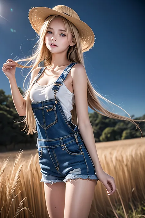 masterpiece,highest quality,very detailed,beautiful girl, teenager,jeans overalls,checked shirt,straw hat,a wheat field,small br...