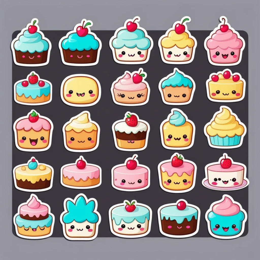 various of cute adorable cake, Individual stickers，1sticker，pastel colour, no gradient , funny, line art cartoon style, flat color, outline, grey background, cute cartoon kawaii funny splash retro vintage logo