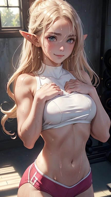 masterpiece, Highest quality, Highly detailed CG Unity 8K wallpapers,((whole body)), ((gym)), (１2歳のとてもcute少女1人), (Long pointy ears), Elegant long wavy platinum blonde hair, (toned and slender body, Doing exercises), ((Average Chest Circumference, Self-illuminating skin)), ((Revealing gym clothes)), (Sweaty, Wet white skin), (blush), (Captivating smile), cute, Symmetrical face, fine grain, Key Art, Awards, intricate detail realism hdr, Photorealism, Hyperrealism, Ultra-realistic, Dramatic Light, Strong Shadows, Nice views, Written boundary depth,