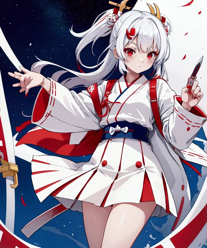 tohoku kiritan,white kimono,red color belt,navy blue mini skirt,knife hair ornament,randoseru on the back,