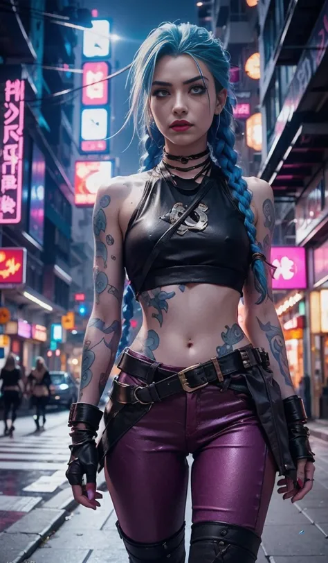 jinx from arcane, walking down the street in the evening, cyberpunk woman anime woman, pants, beautiful angry cyberpunk goddess,...