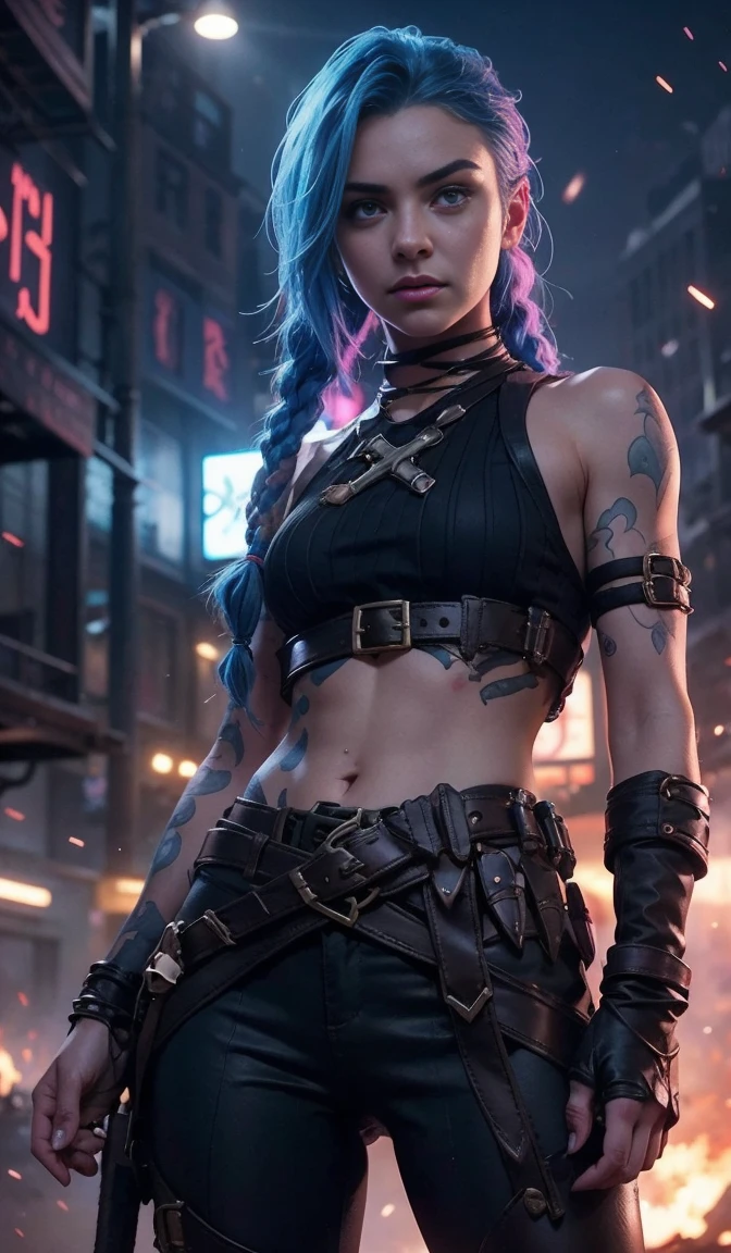 Jinx's character design, Holding a grenade launcher in the shape of a shark, crying, Hot Pink Tears, shoots, Screams, Explosions in the background, half naked, beautiful breasts, Sexy, Arcane's Jinx, sexypose, waves his hand, Pink glowing eyes, hairlong, hairsh, braided into long braids, Pigtails hang below the knee, Hair color changes from bright blue to navy blue, Dressed in brown breeches, Leather boots on the feet, Top with four gold circles on the chest in the middle of the chest, Blue cloud tattoos on shoulders and waist, Long bangs, hanging on the right side, Belt with cartridges on the belt, A pistol in a holster on his left leg, Arcane style, extremely detailed CG unity 8k wallpaper, detailed light, Cinematic lighting, chromatic aberration, glittering, expressionless, epic composition, dark in the background, Cherecter Desing, Very detailed, Detailed body, Vibrants, Detailed Face, sharp-focus, anime art, Vibrants, Detailed Face, Hugh Details, sharp-focus, Very drooping face, A detailed eye, super fine illustration, better shadow, finely detail, Beautiful detailed glow, Beautiful detailed, Extremely detailed, expressionless, epic composition, Presented at artstation, Octane Render, artstation hd, Cinematic, 4 thousand., hypermaximalist, elegant