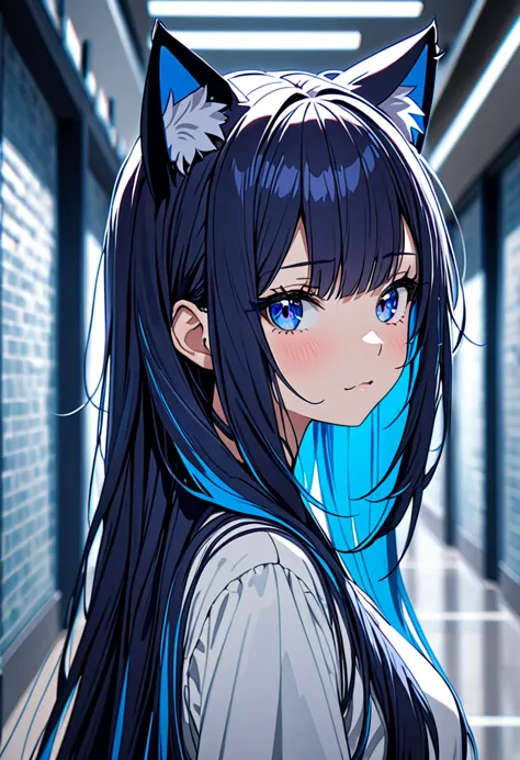 8k ultra high-quality, ultra-detailed, high quality, 2, dark blue hair, neon blue inner layer hair, long hair, cat ears, neutral...