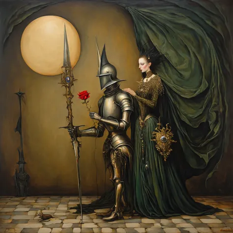 aesthetic surrealism painting, fusion of techniques, palette, styles by esao andrews, michael parkes, leonora carrington: a knig...