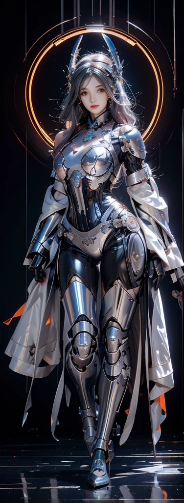 Realistic, High resolution, 1 Female, Mature Woman,Typical French face, Ash grey mesh hair, My hips rose, Sexy Robot, mechamusume,Machinery Parts, Articulations of robots,Single Mechanical Arm, headgear, Mechanical halo,Star Halo,Complex Mechanical Combinations, Mecha Corset, METAL FULL ARMOR, Mirror reflection mechanism body）（,Well-formed eyes and nose）、smile