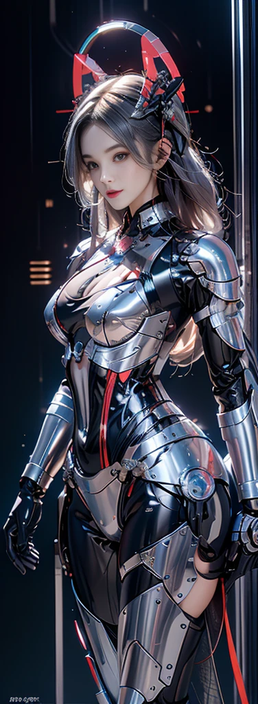 Realistic, High resolution, 1 Female, Mature Woman,Typical French face, Ash grey mesh hair, My hips rose, Sexy Robot, mechamusume,Machinery Parts, Articulations of robots,Single Mechanical Arm, headgear, Mechanical halo,Star Halo,Complex Mechanical Combinations, Mecha Corset, METAL FULL ARMOR, Mirror reflection mechanism body）（,Well-formed eyes and nose）、smile