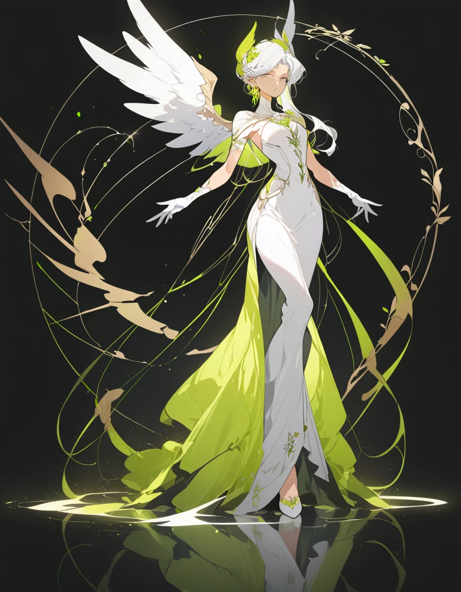 Full body portrait of 1 girl, angelicales, Angel wings, Gorgeous long dress, standing on your feet, (((solo))), Clear facial features, Simple line design, ((Solid black background)), tarot design, Standing drawings of characters, ((flatcolors)), (tmasterpiece，top Quority，best qualtiy，Ultra-high resolution，Clear facial features，beautidful eyes，beauitful face)
