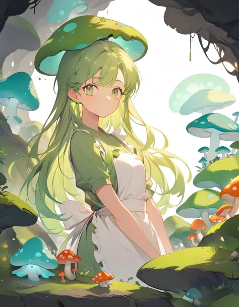 girl, green hair, long hair, green dress, white apron, mushroom hat, fungus, full of mushroom, fungi, inside a glowing cave