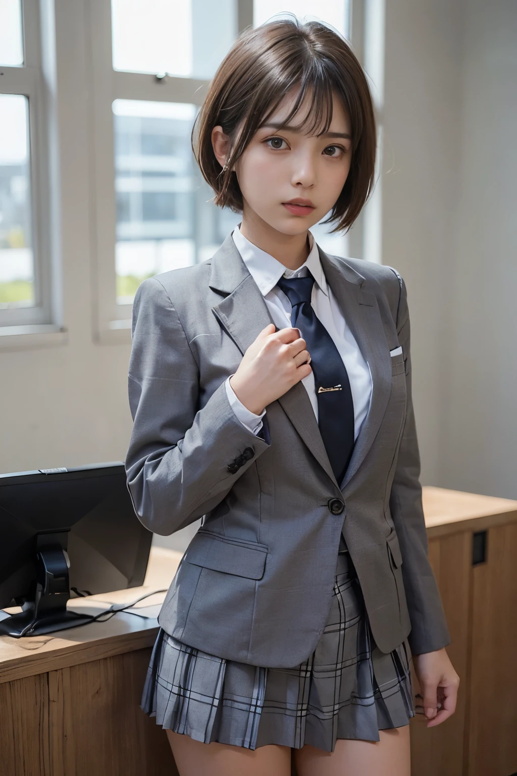 ((masterpiece:1.4))、((Flying debris:1.4))、((Woman with short light brown hair:1.4))、((Cowboy Shot:1.4))、((Front shot:1.4))、((She is standing in the company office., A grey checkered pleated skirt that accentuates the thighs.:1.7))、((High School Girl Uniform Tie:1.4))、Very sexy outfit, ((Wearing a strict dark blue blazer suit:1.4))、High school girl blazer uniform、Sexy look,((Woman with sad expression:1.4))、((A girl with short hair:1.5))、