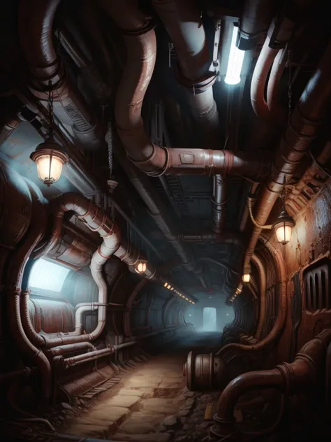 rusty pipes in underground bunker science fiction and retro