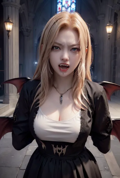 (((female vampire)))、(((angry expression)))、(((yawn)))、(((open your mouth wide)))、(((chase)))、(((blonde)))、(it has two fangs:1.7...