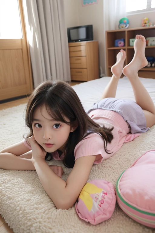 1st grade elementary school, princess baby face, Pretty and cute,pretty,short skirt,shoes, House living room,bed, Full Shot,lying face down ,full photo