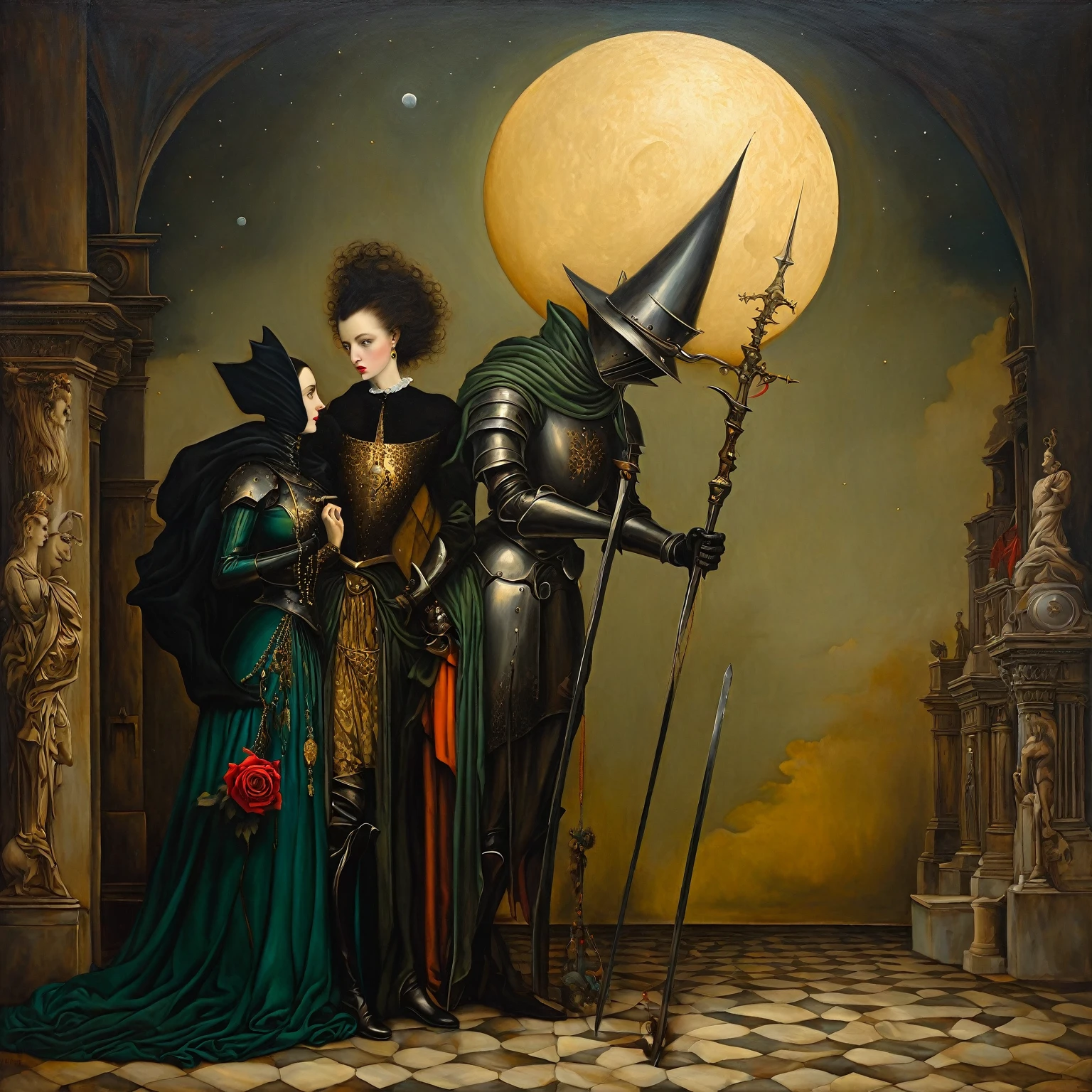 Aesthetic Surrealism painting, fusion of techniques, palette, styles by Esao Andrews, Michael Parkes, Leonora Carrington: A knight kneeling, a rose in his hand, which he reverently holds out to the lady of his heart, as he looks at her. The knight is clad in the shining armor of the Order of the Sorrowful Moon, decorated with symbols of the moon and stars, shield and sword lying by his side The lady is dressed in an elegant dress of the time with exquisite details and jewelry. In the background of the paved courtyard of the Auberge D'Italie in Valletta, Malta, 1588. Aesthetic surrealism, оil painting, golden sepia, xereus purple outline of canvas details, whimsical contrast, intricate details, bright light, aesthetic, beautiful, surreal and vivid organic shapes, green ornate stroke, balanced composition, mysterious atmosphere, enigmatic expression, intricate patterns, surreal elements, oil painting technique, meticulous brushwork, dynamic movement, fusion of styles, masterful execution, color palette: dark green, black, gold, purple