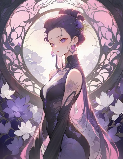 (masterpiece, best quality:1.2), a stunning anime girl，with an intricate floral tattoo on her neck, exudes elegance and beauty.,...