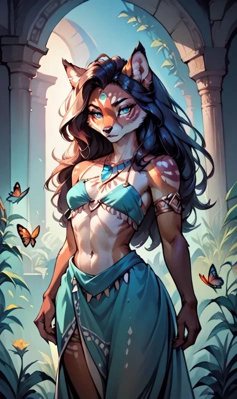 anthropomorphic, (butterfly), feminine, beautiful, attractive, tribal clothing, small breasts, shapely body, fur, large, sensual...