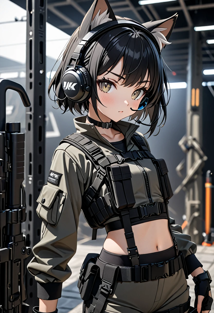 8K Ultra High-Quality, ultra-detailed, High quality, Black hair, short hair, flat chest, Headset, Goggles, cat girl, Grey Tactical clothes, Military clothes, black spandex under clothes, body harness, Looking at viewer, choker, full body, close up, side view 