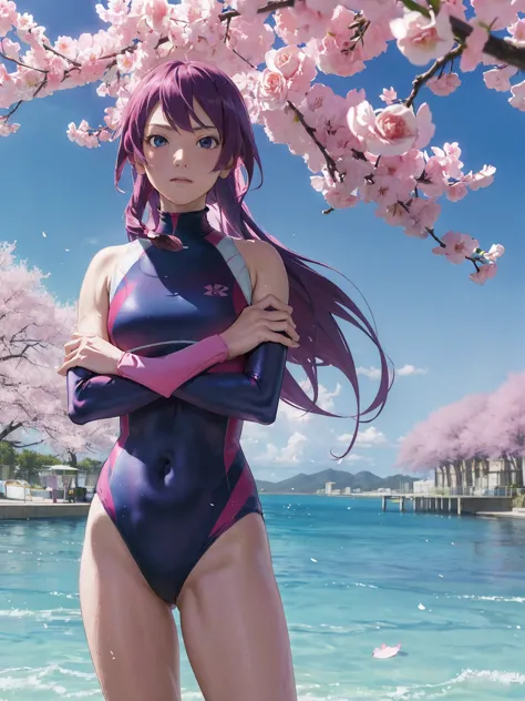 masterpiece, best quality, high resolution, s1, senjougahara hitagi, long hair, long sleeve,((( high neck swimsuit rosa claro)))...