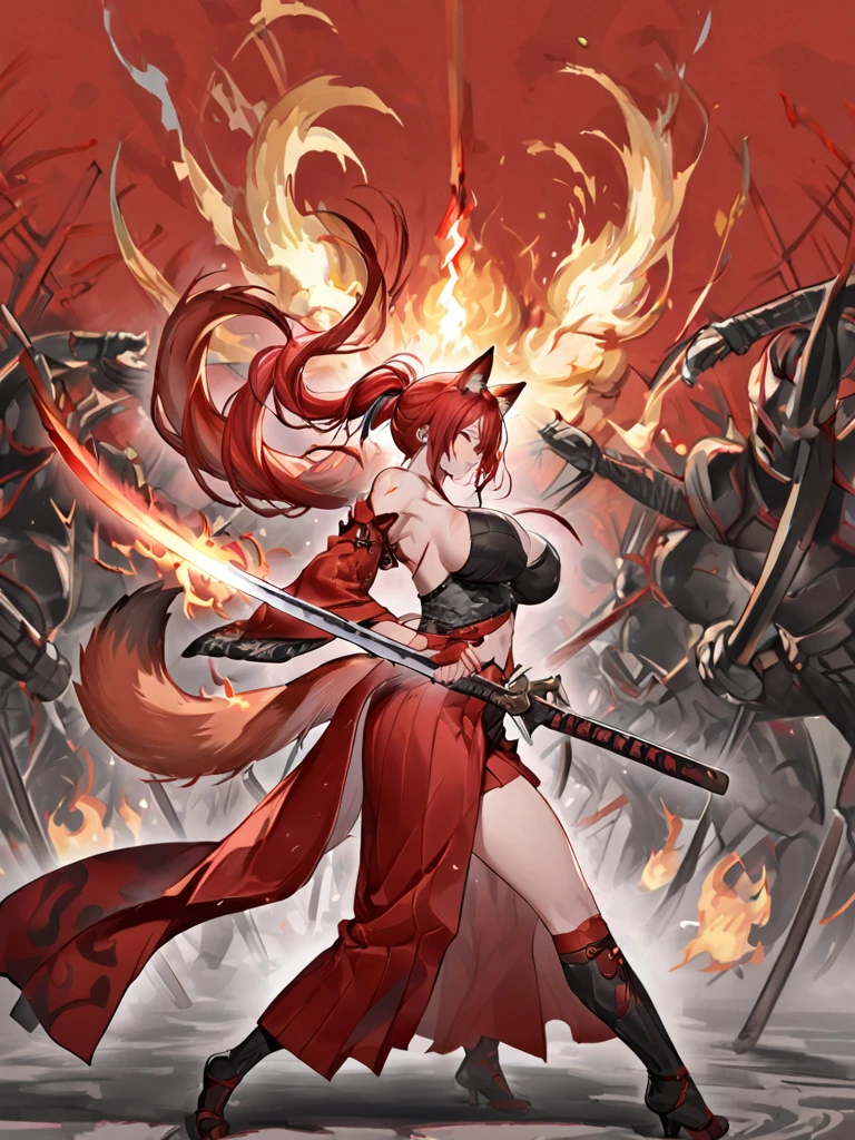  8K Top quality Masterpiece Somewhat close Long red ponytail Red fox ears Nine fox tails Very large breasts Red eyeshadow on lower eyelids Five fingers Alluring Japanese style Kimono Wearing a red jacket Long hakama Toned body Flame hell Japanese sword with a red blade burning red Fighting Burning background Drawing a sword Samurai Fighting with a Japanese sword One-sword style Flame hell Wrapped in lightning Wrapped in flames Alluring Little exposure Kimono Long skirt Upper cut Nine-tailed fox Older sister Explosive flames Crimson flames Japanese style background Intense fighting 