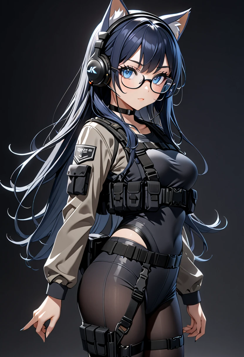 8K Ultra High-Quality, ultra-detailed, High quality, Dark Blue hair, Long hair, Blue eyes, Headset, cat girl, Grey Tactical clothes, Military clothes, black spandex under clothes, body harness, Looking at viewer, choker, glasses, full body, close up, side view
