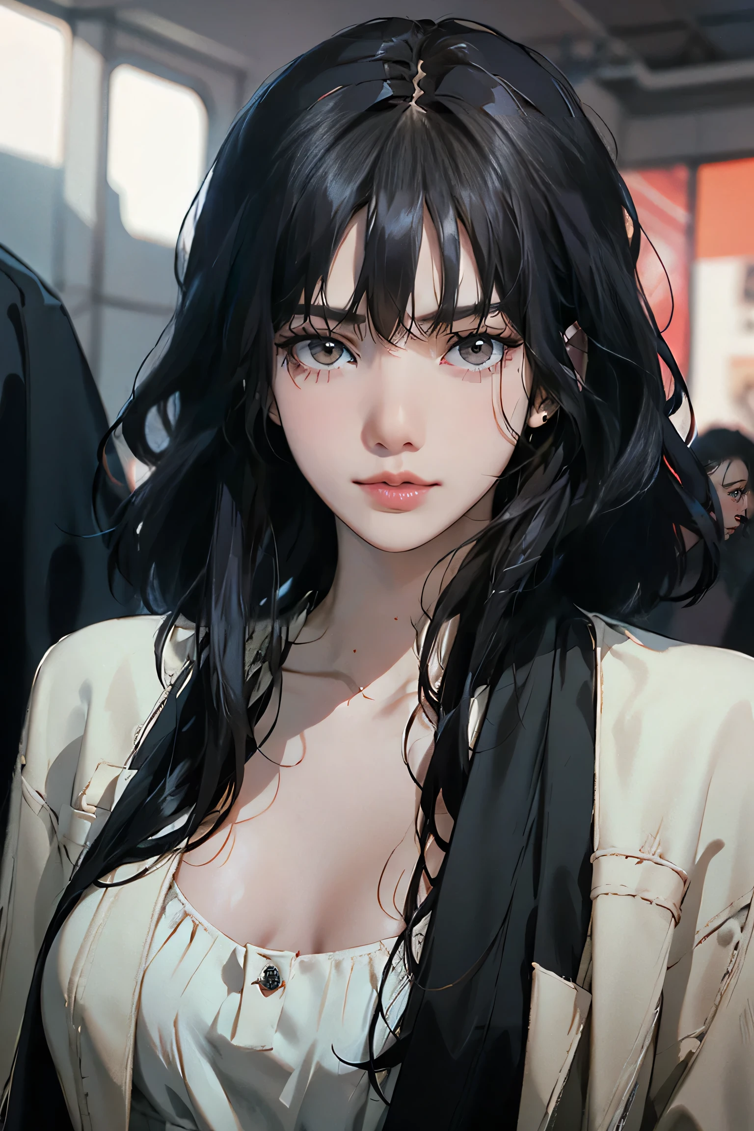 Beautiful girl with realistic black eyes, Pale skin, Medium black hair, Perfect Face, Perfect Eyes, Wearing a coat, Very detailed, General Movies, Digital Painting, 8k, Cinema Lighting, Highest quality, High resolution, well done!, Post-processing, Perfect results, Surreal，(((Revealing clothing)))，Big Breasts, Browsing Caution