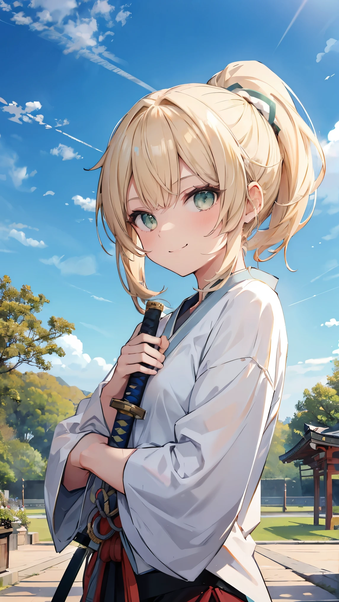 ,Highest quality,Blonde,Green Eyes,ponytail,Sportswear,garden,blue sky,smile,Japanese sword,sword,slender,