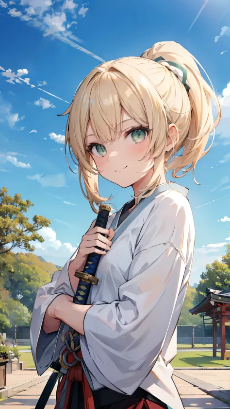 ,highest quality,blonde,green eyes,ponytail,sportswear,garden,blue sky,smile,japanese sword,sword,slender,