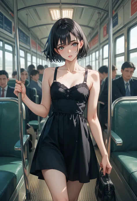 highest quality、juvenile、black dress、very short black hair、small breasts、beautiful thighs、one person、crowded train、holding on to...