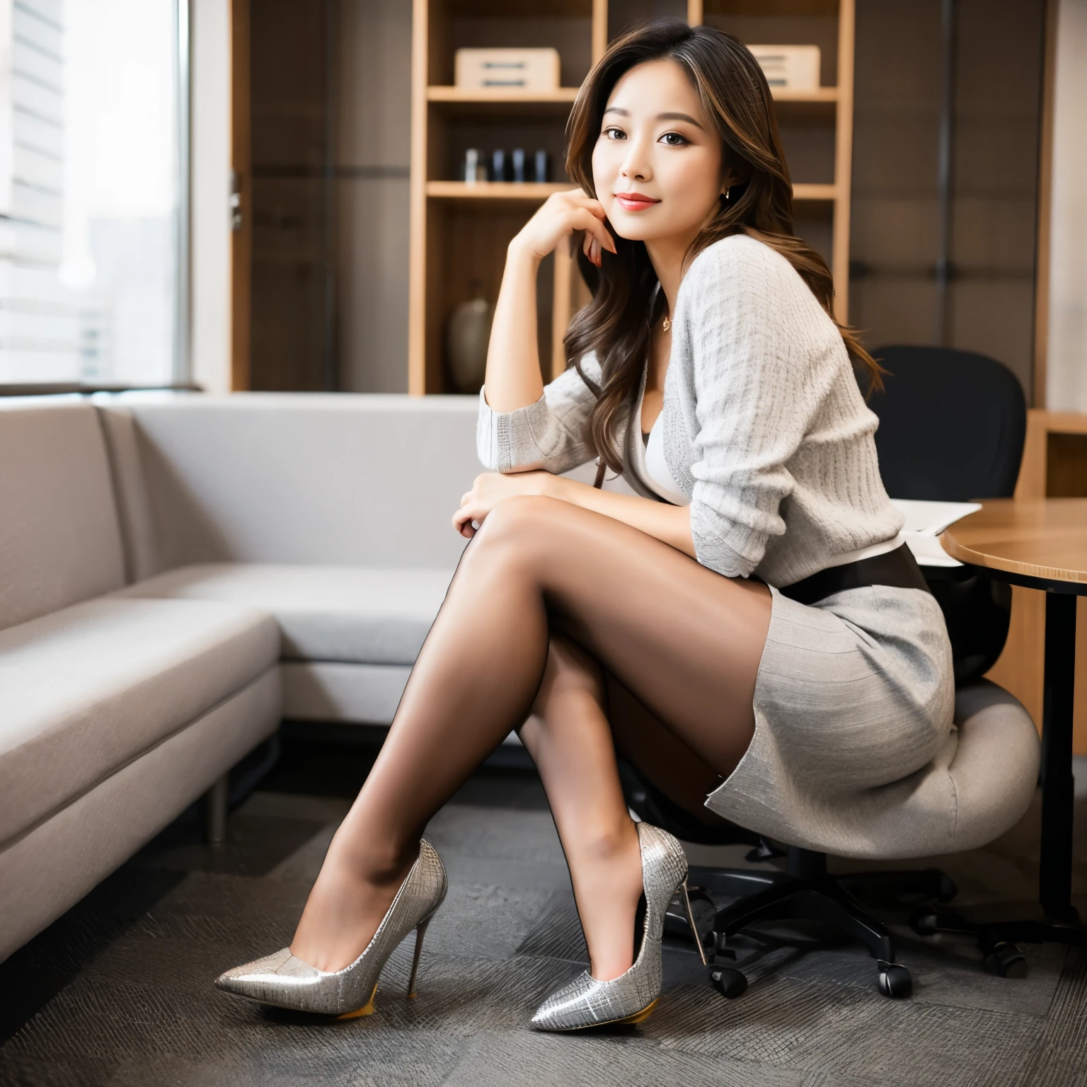 ((masterpiece)), ((Highest quality:1.4)), (Super detailed:1,4) , 
Cute Beautiful Mature Woman，Classy makeup，Light skin-toned stockings，Putting on your shoes，office，office，Full body portrait，Delicate face，Pretty face，30-year-old woman，office女职员，exterior，Long Hair，Are standing，Very beautiful long legs，sexy, Charming and alluring，mini skirt，High heels，Light grey reflective clothing (No cleavage),cosmetics, 