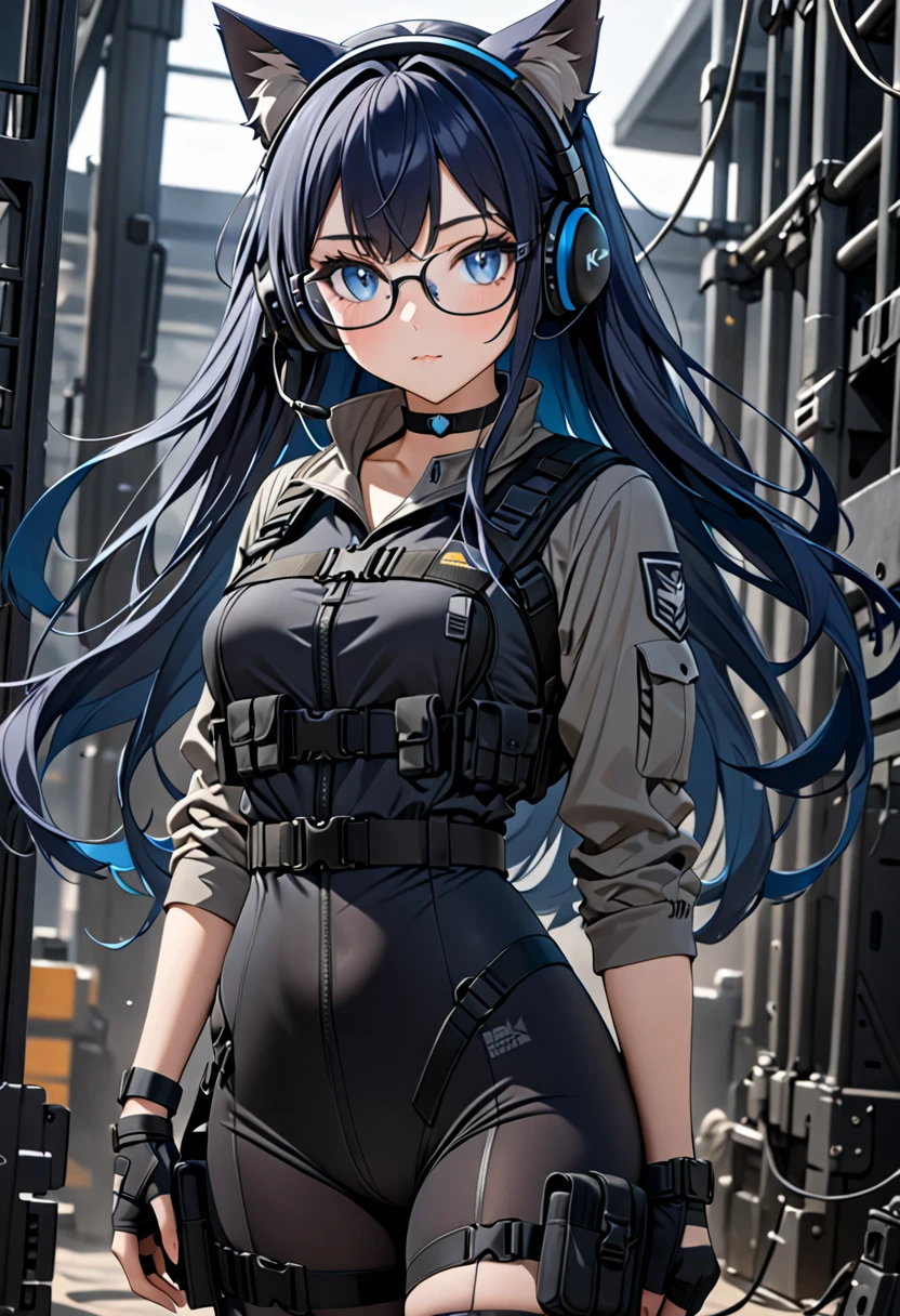 8K Ultra High-Quality, ultra-detailed, High quality, Dark Blue hair, Long hair, Blue eyes, Headset, cat girl, Grey Tactical clothes, Military clothes, black spandex under clothes, body harness, Looking at viewer, choker, glasses, full body, close up, side view