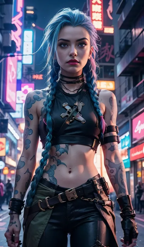 jinx from arcane, walking down the street in the evening, cyberpunk woman anime woman, pants, beautiful angry cyberpunk goddess,...