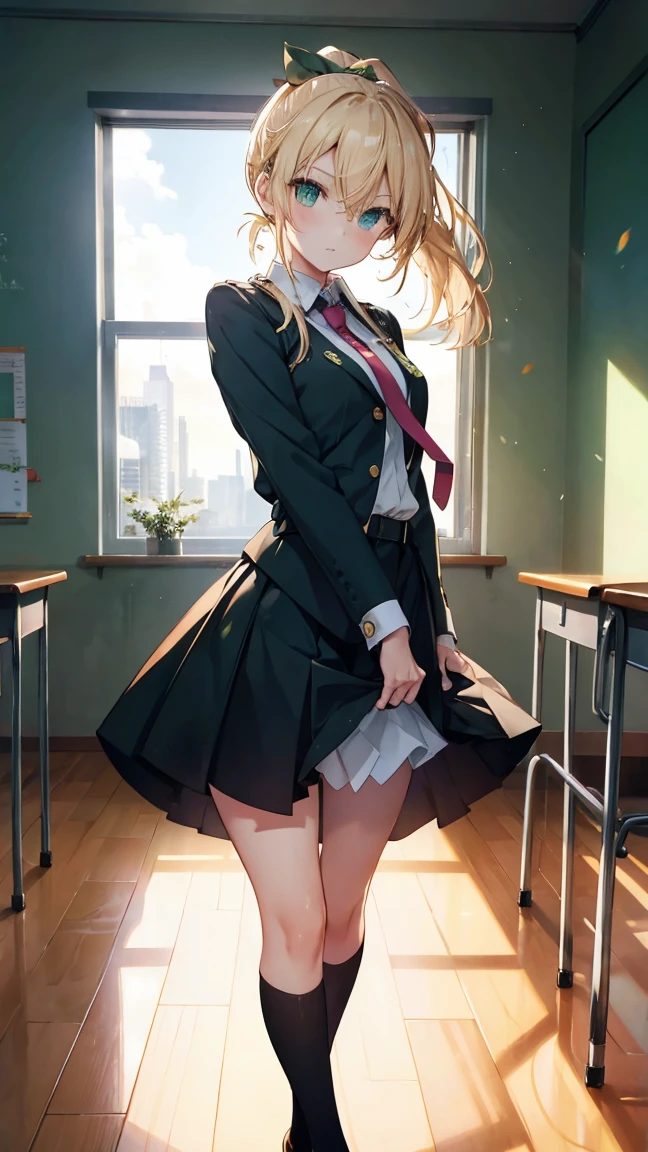 ,Highest quality,Blonde,Green Eyes,ponytail,classroom,lol　　face,uniform,Dress shirt,tie,spats,slender,