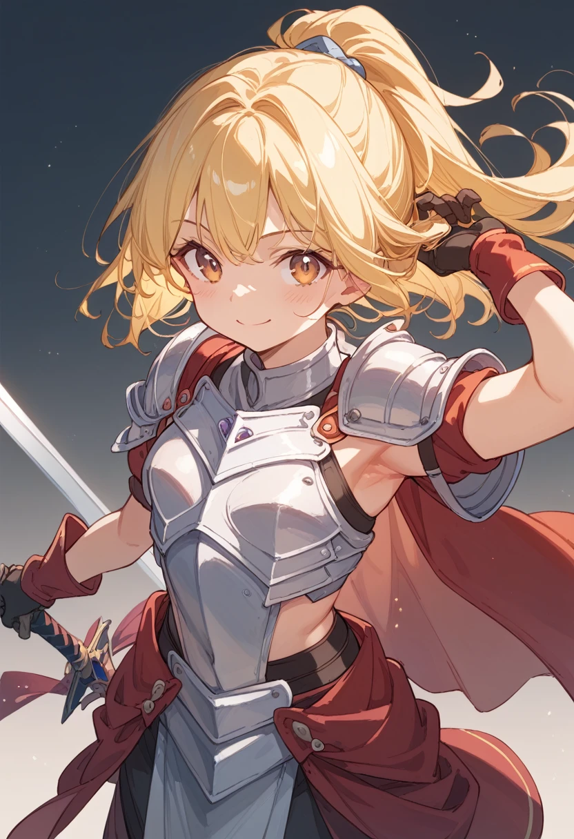 Guy's hairstyle、blonde、woman、Adventurer、Long sword、Round Shield、Character Introduction、Light Armor、Fearless smile、In combat