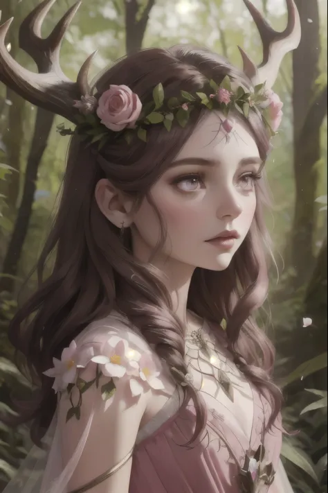 horntyle, fairy woman, pink dress, dark hair, dark eyes, rosy cheeks, flower crown, spring, enchanted forest, persephone || skin...