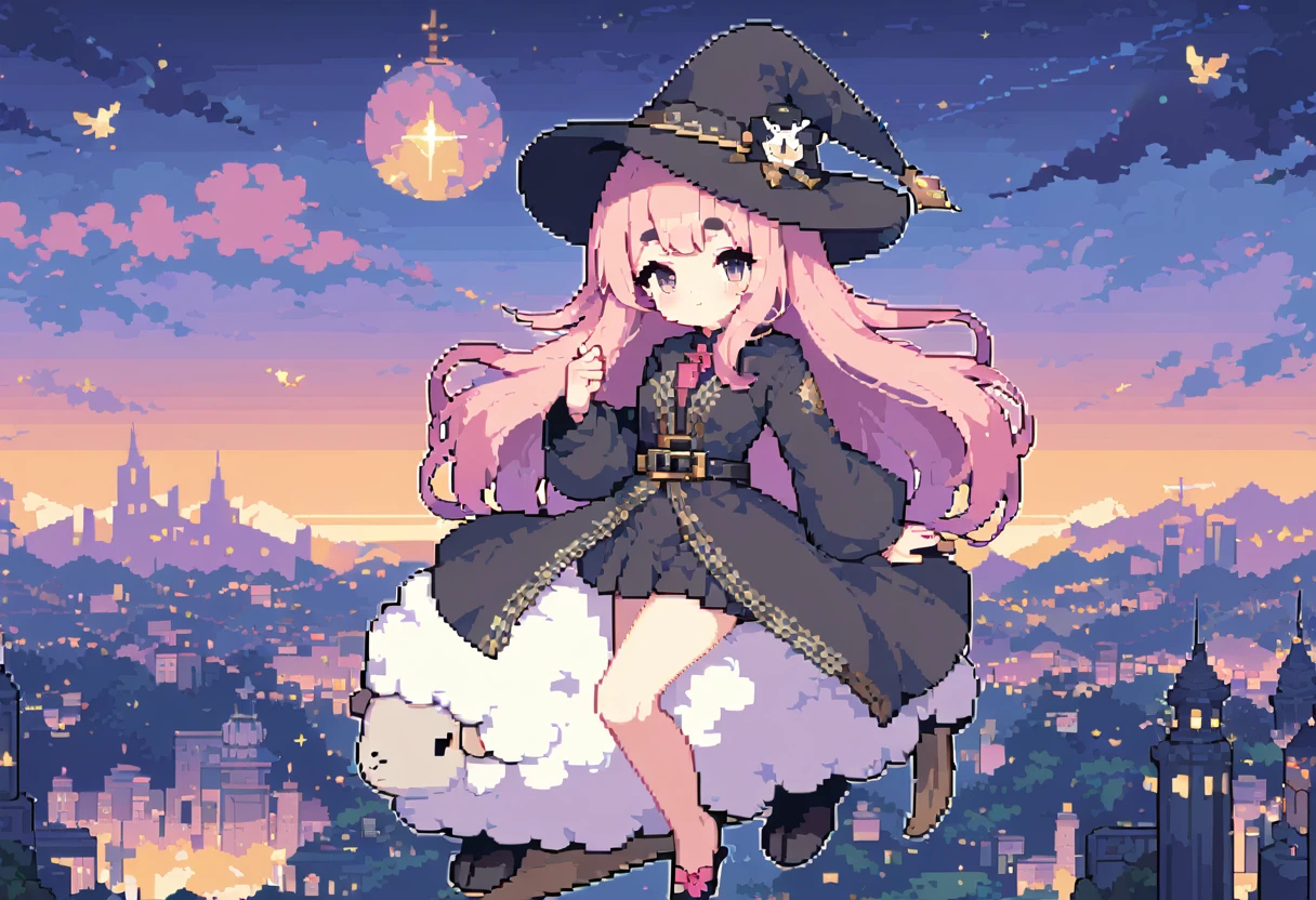 (((Highest quality, 8k, masterpiece:1.3)), ((One Woman)), Pink long hair, Fluffy hair, Thick eyebrows, Pointed hat, Black Robe, Pointy toes, Flying in the sky on a broom, Flying Sheep, Graphic Arts, (Pop Background), (Night Sky), Overlooking the city