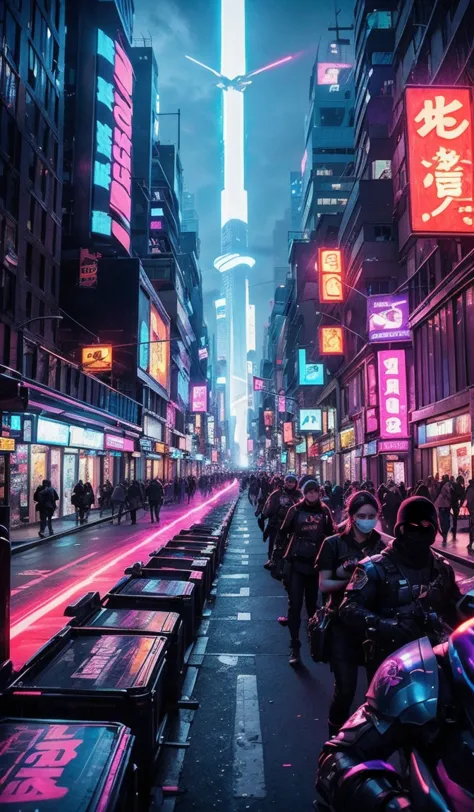 a sprawling cyberpunk city at twilight, where the sky is a deep indigo, transitioning to shades of purple and pink as the last l...