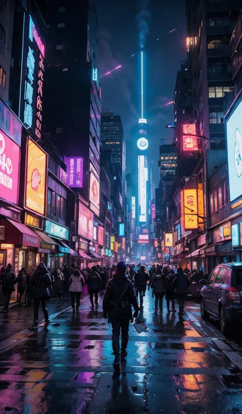 a sprawling cyberpunk city at twilight, where the sky is a deep indigo, transitioning to shades of purple and pink as the last l...