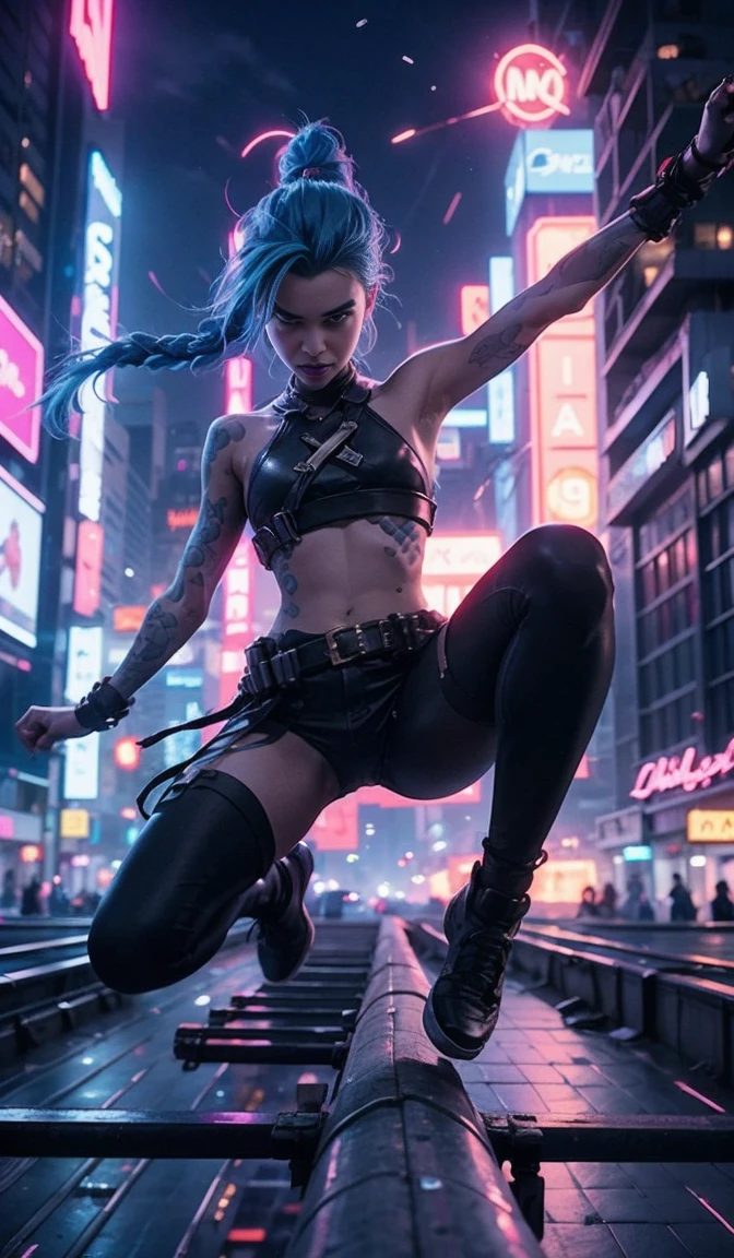 The camera starts with a wide-angle shot of a neon-lit city skyline from a low rooftop perspective. Suddenly, Jinx bursts into frame from the right, sprinting across the rooftop, her blue braids flying behind her. The camera follows her with a smooth tracking shot, maintaining a low angle to emphasize her speed and agility. Neon lights and billboards flash in the background as she leaps over a rooftop gap. The camera shifts to a slow-motion shot mid-jump, capturing her confident smirk against the glowing cityscape.