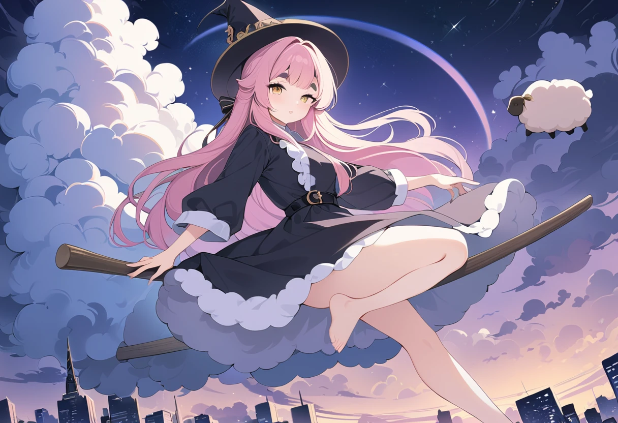 (((Highest quality, 8k, masterpiece:1.3)), ((One Woman)), Pink long hair, Fluffy hair, Thick eyebrows, Pointed hat, Black Robe, Pointy toes, Flying in the sky on a broom, Flying Sheep, Graphic Arts, (Pop Background), (Night Sky), Overlooking the city