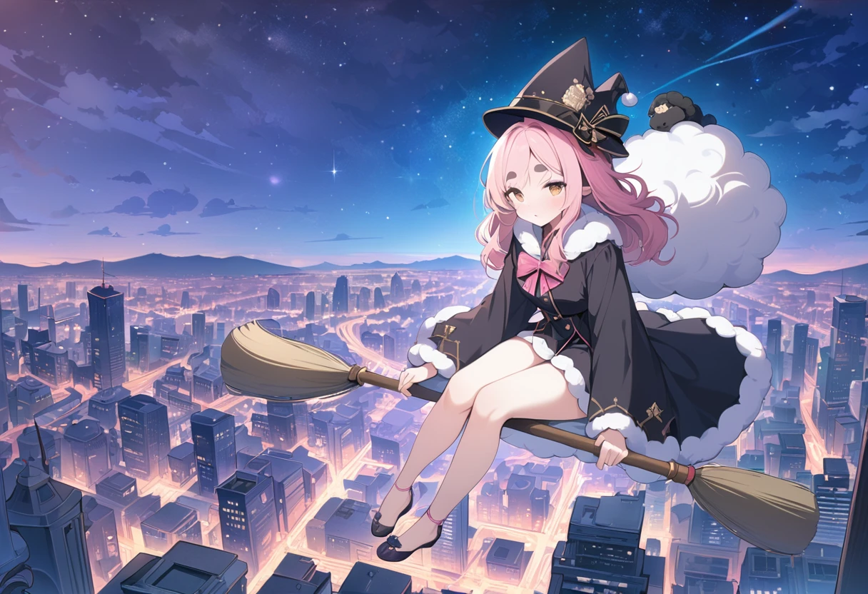 (((Highest quality, 8k, masterpiece: 1.3)), ((One Woman)), Pink long hair, Fluffy hair, Thick eyebrows, Pointed hat, Black Robe, Pointy toes, Flying in the sky on a broom, Flying Sheep, Graphic Arts, (Pop Background), (Night Sky), Overlooking the city