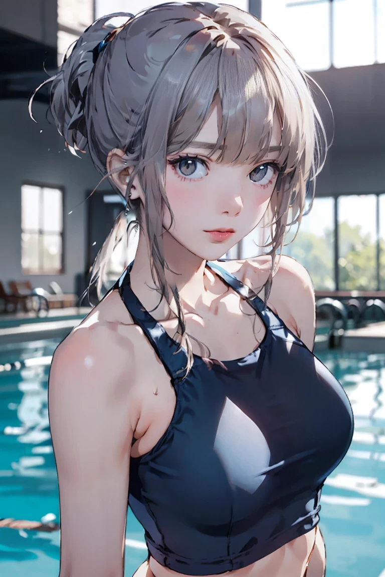 (masterpiece,Highest quality,Ultra-high resolution),Japanese women, (((Very clean))), Silver Hair､ ((Beautiful low ponytail)), Very cute face, Glossy Lips, Large Breasts、 Natural Makeup, Long eyelashes, Shiny and smooth hair､Center image, Perfect limbs, Perfect Anatomy,(((Navy school swimsuit)))、((See through)),Sweat,tall,Pool