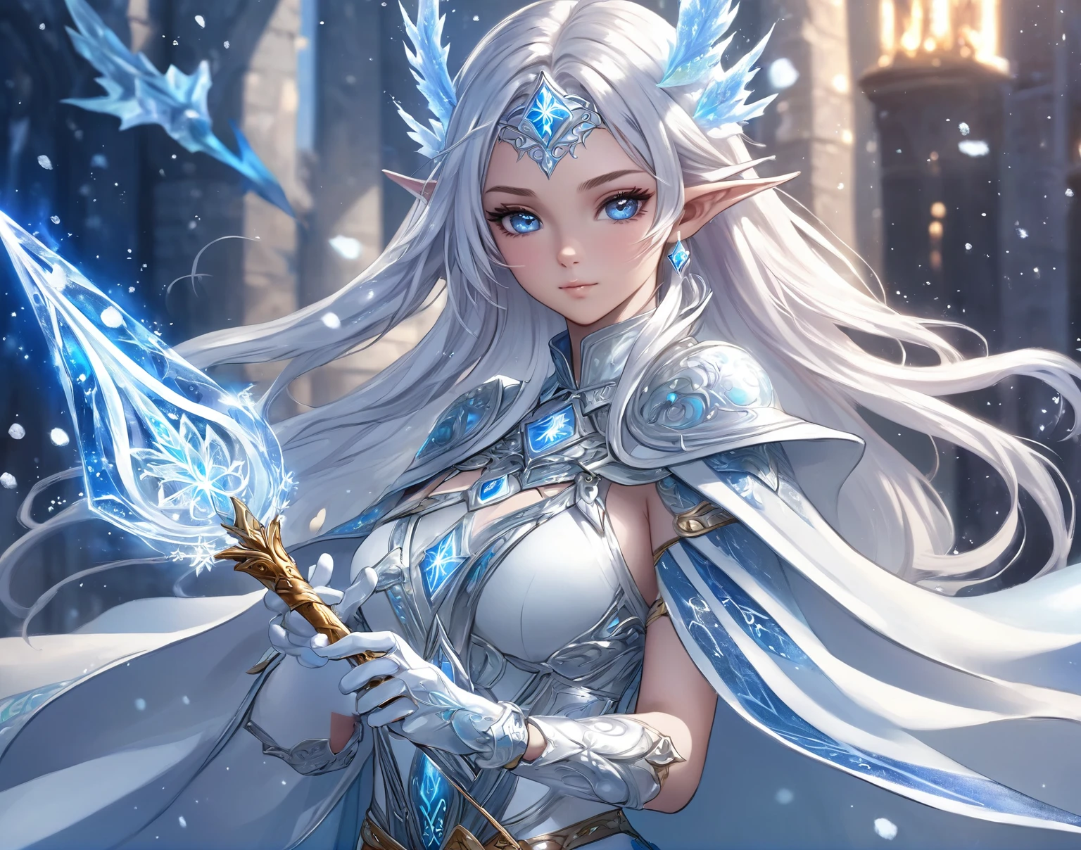 Close-up of cartoon character holding magic wand, Portrait of the Knights of the Zodiac, Fantasy art style, Epic Mage Girl Character, Charming Elf Princess Knight, Beautiful Celestial Mage, Ice Witch, Beautiful and elegant elf queen, epic Fantasy art style hd, 2. 5D CGI anime fantasy artwork, Super detailed fantasy characters, Beautiful ancient frost witch