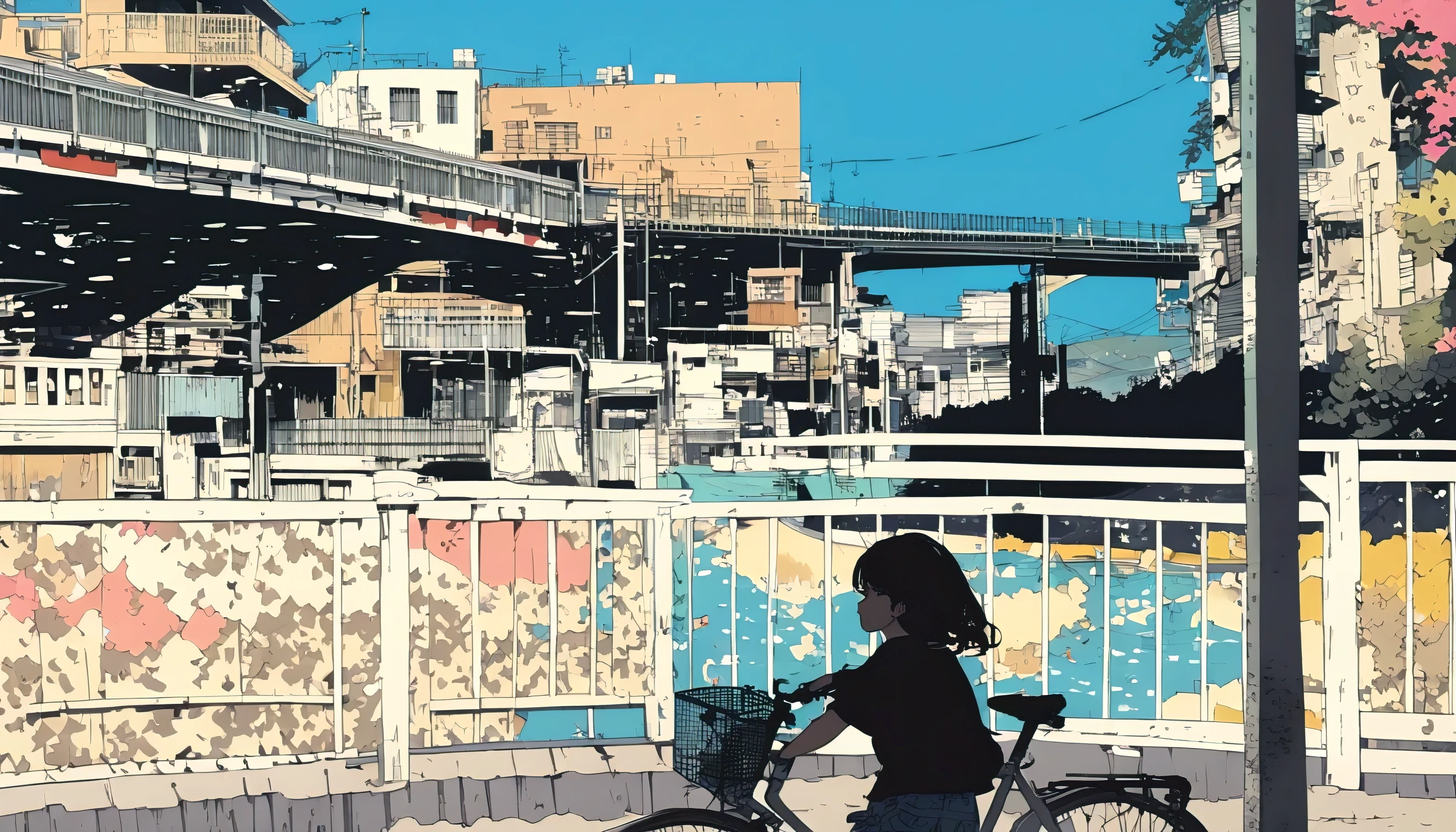 Extremely detailed 8K CG, Very detailed:1.3, Very delicate and detailed face:1.3, (Absurd, texture, masterpiece), Pop Art, pixiv Contest Winner, by Posuka Demizu, Kyoto as background,Dynamic cartoon style illustrations,Over T-shirt、I commute to college by bicycle、River side