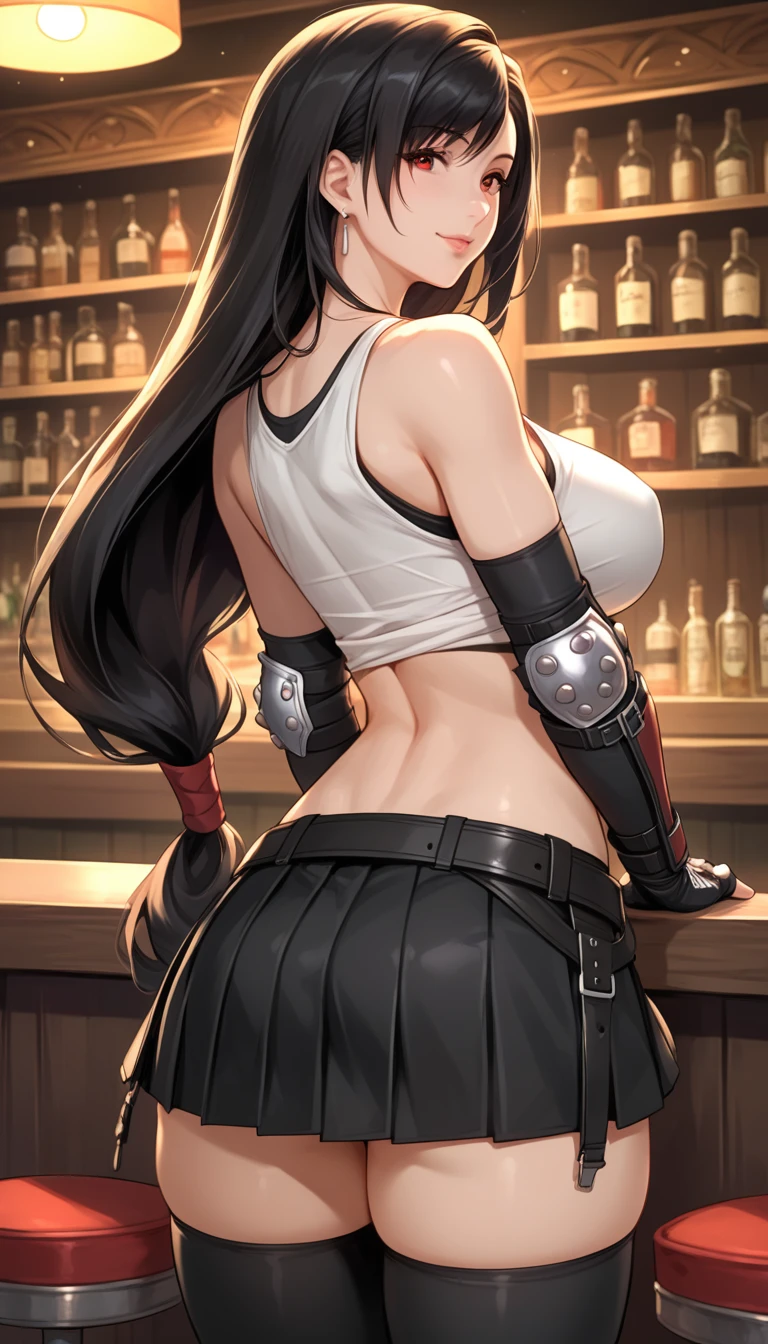 Izayoi Seishin artstyle, (score_9, score_8_up, score_7_up), (best quality, masterpiece),perfect anatomy,(aesthetic,very aesthetic),official style, (ultra-high resolution), 1girl, tifa lockhart, final fantasy,(beautiful woman).tareme, black hair, low-tied long hair, red eyes, bangs, white tank top,gap, belt, pleated skirt, thighhighs, elbow fingerless gloves, elbow pads, midriff, navel,suspender skirt.zettai ryouiki ,(((rear view))),straight-on,(large_breasts:1.2),Solo,mediumshot,looking_at_viewer,contrapposto, vibrant, joyful,cafe and bar, ,Framin,(,tanktop lift),