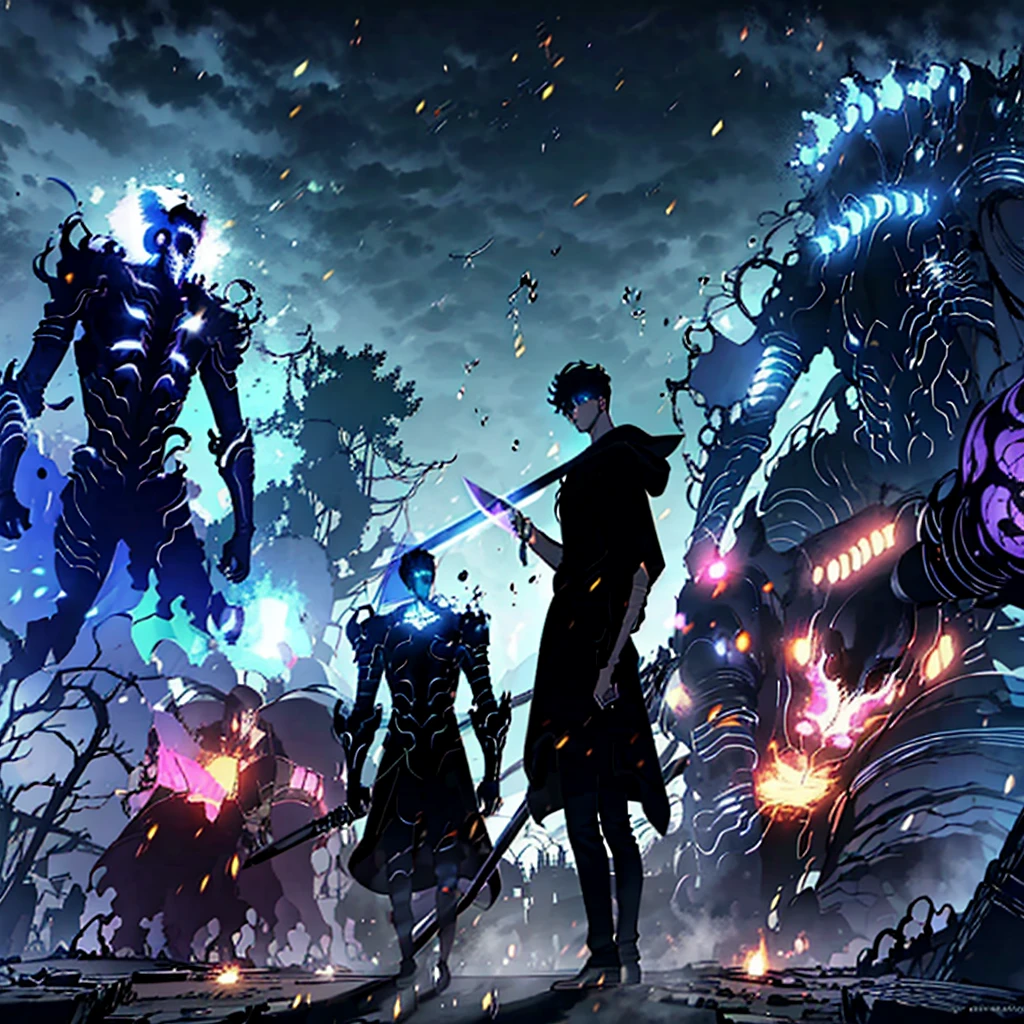 a young man in his 20s, cool pose, holding cyan spell in left hand, sword in right hand, surrounded by cyan sparks, ancient kingdom city with colosseum, sagrada, basilica, snowy rocky mountains, forest, night sky with cloudy, moonlit, starry, lush vibrant colorful landscape with blooming trees, grass, flowers, waterfall, army of skeletons in destroyed city, dark fantasy, high-contrast, vibrant color, intricate details, cinematic lighting, moody atmosphere, 2D digital art masterpiece, 4k, 8k