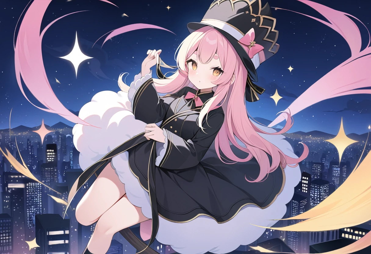 (((Highest quality, 8k, masterpiece:1.3)), ((One Woman)), Pink long hair, Fluffy hair, Thick eyebrows, Pointed hat, Black Robe, Pointy toes, Flying in the sky on a broom, Flying Sheep, Graphic Arts, (Pop Background), (Night Sky), Overlooking the city