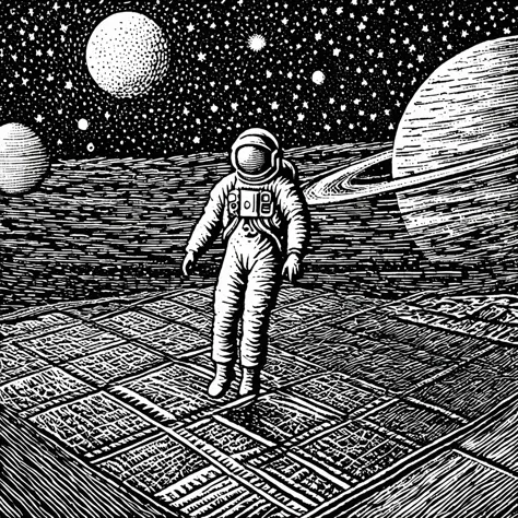 (black and white woodcut:1.5)、(second floor in black and white.)、foreground, dark and ominous atmosphere、astronaut in the vitruv...