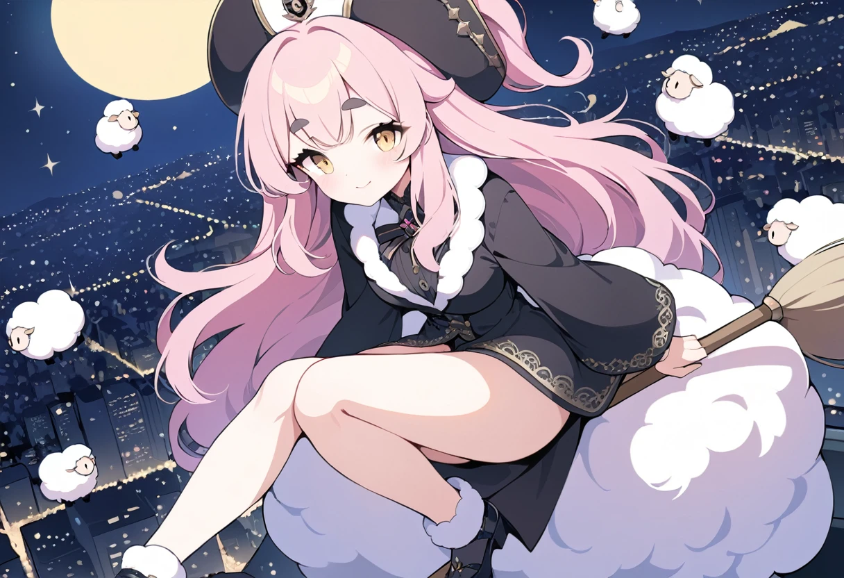 (((Highest quality, 8k, masterpiece:1.3)), ((One Woman)), Pink long hair, Fluffy hair, Thick eyebrows, Pointed hat, Black Robe, Pointy toes, Flying in the sky on a broom, Flying Sheep, Graphic Arts, (Pop Background), (Night Sky), Overlooking the city